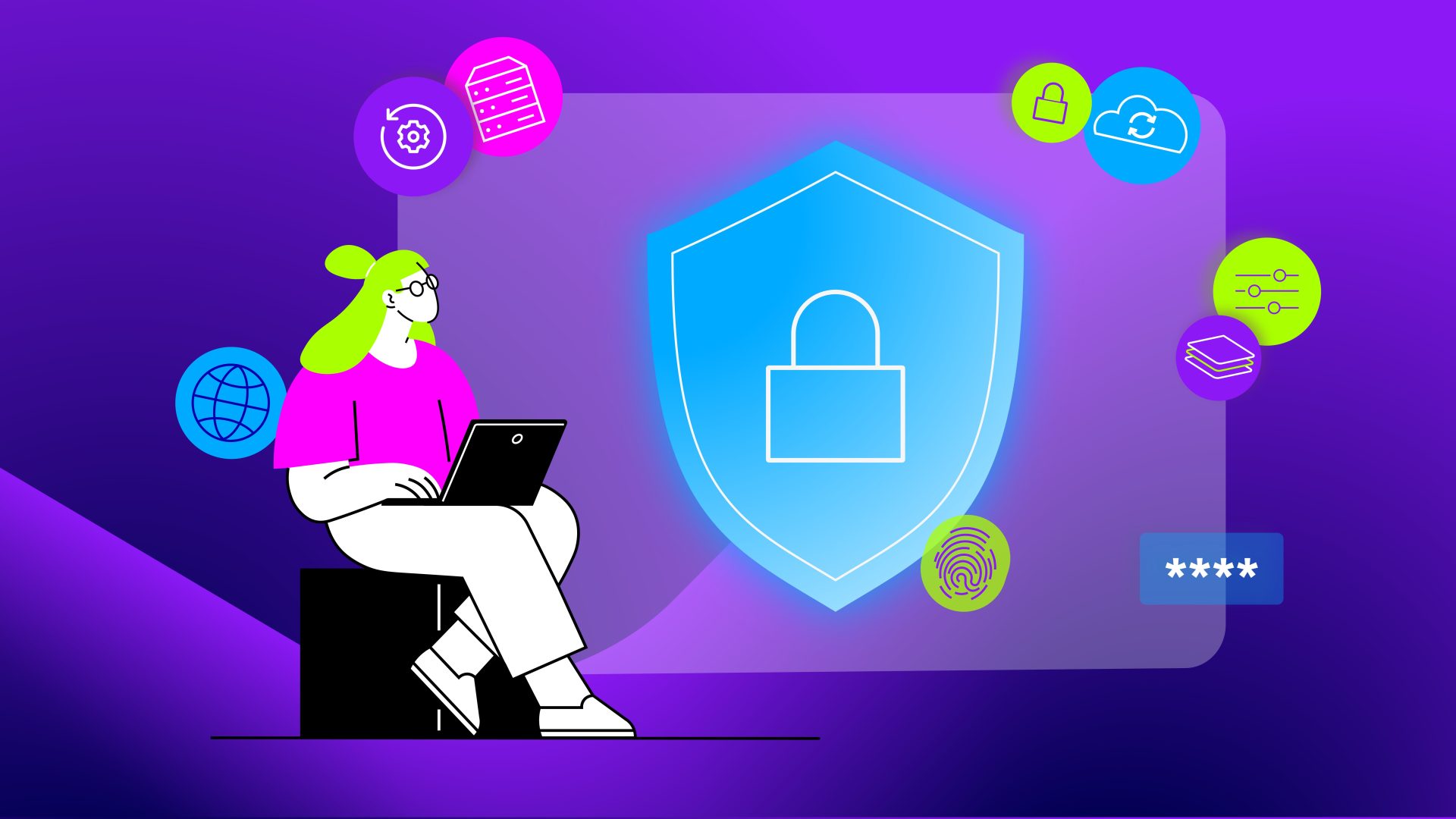 Illustration zu digitaler Sicherheit: Person mit Laptop vor einem Schutzschild mit Schloss, umgeben von IT- und Datenschutz-Symbolen.