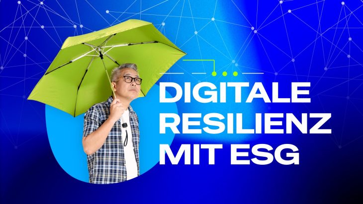 Mann mit grünem Regenschirm vor "Digitale Resilienz mit ESG"-Grafik – Symbol für ESG-Daten und digitale Stabilität.