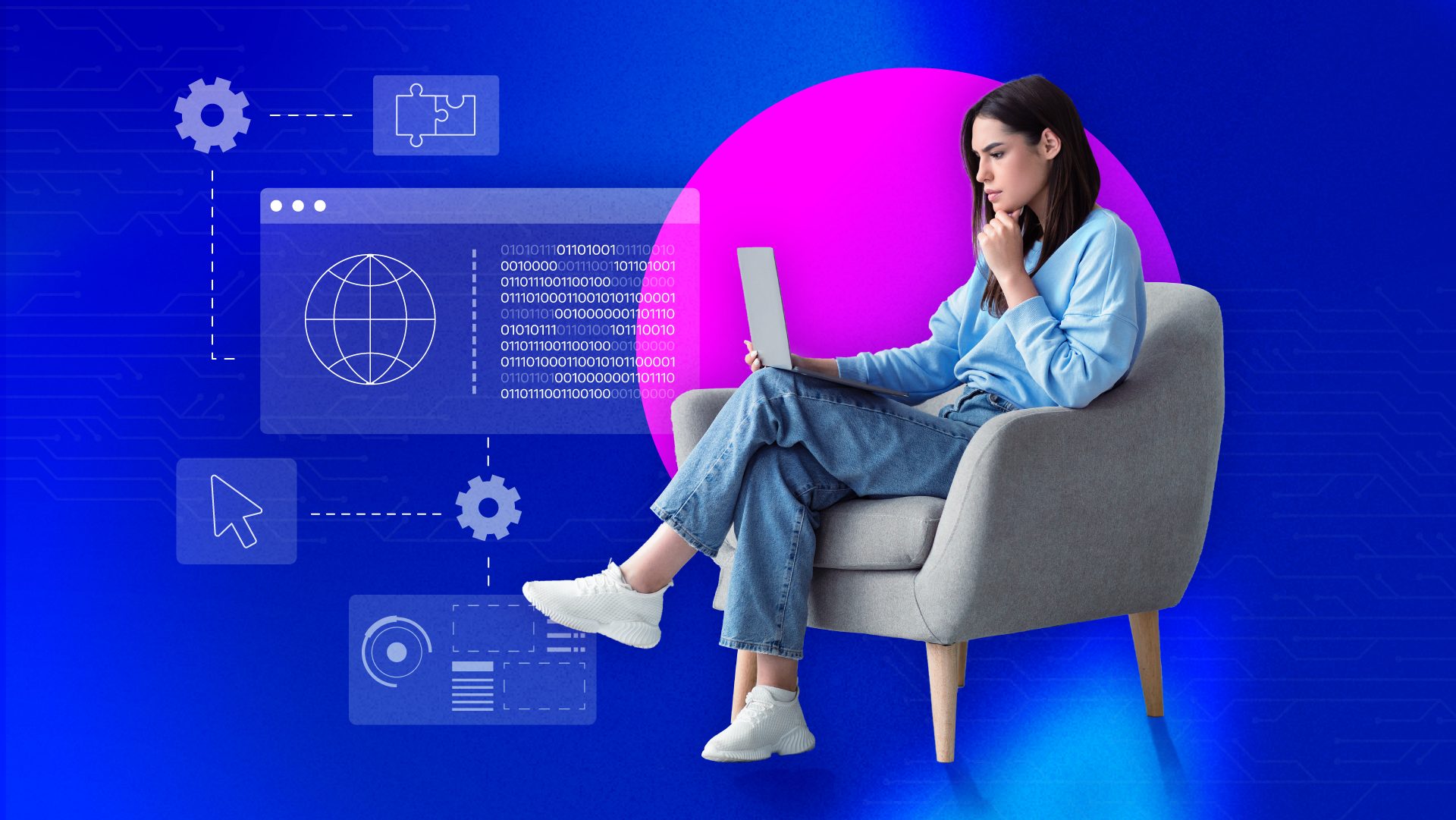 Eine Frau arbeitet entspannt mit einem Laptop in einem Sessel vor digitalem Tech-Hintergrund mit Zahnrädern, Globe und Code.