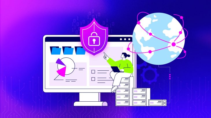 Illustration mit Computer, Schloss-Symbol, Globus und Person am Laptop, die digitale Sicherheit und weltweite Vernetzung darstellt.