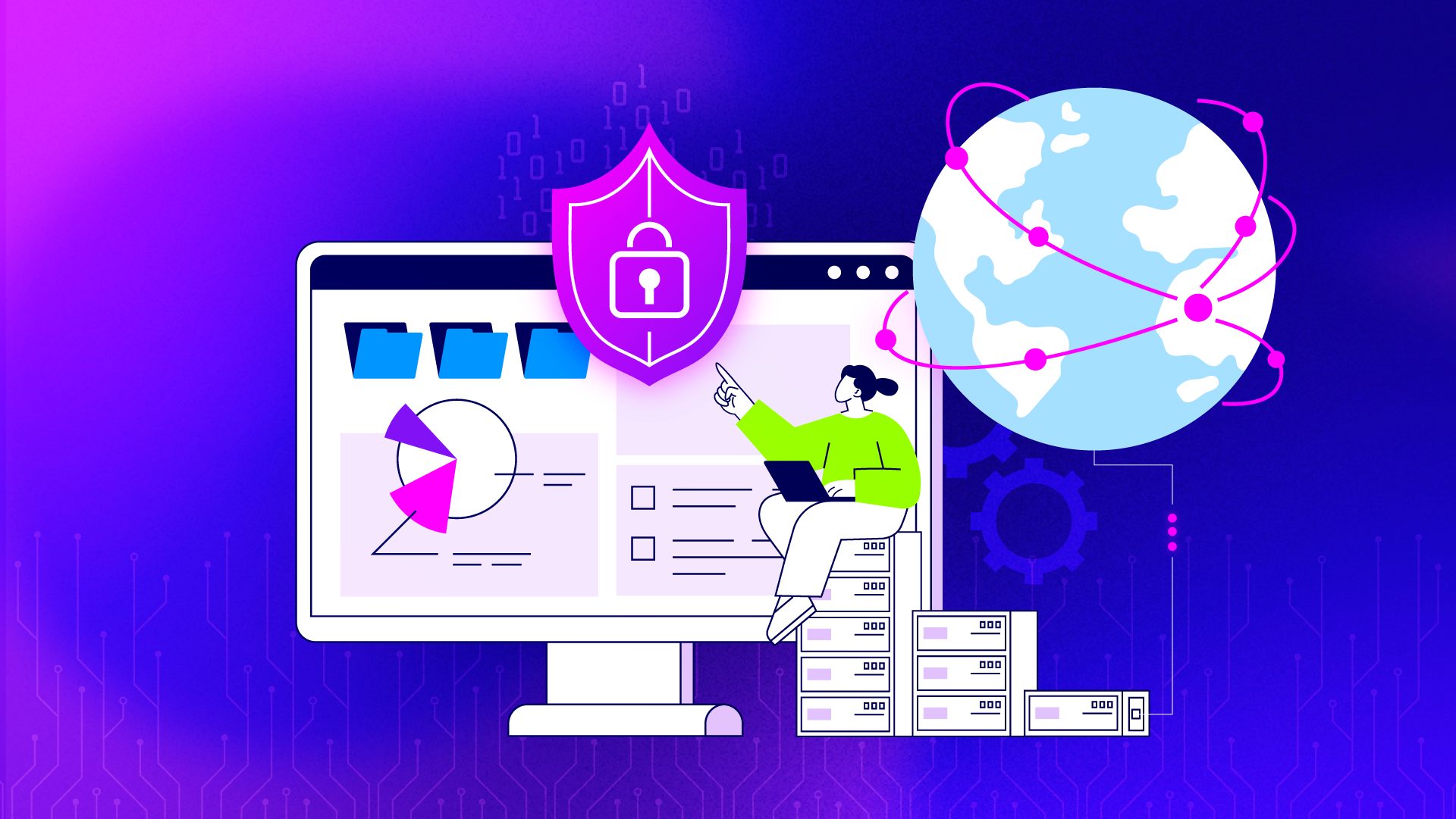 Illustration mit Computer, Schloss-Symbol, Globus und Person am Laptop, die digitale Sicherheit und weltweite Vernetzung darstellt.