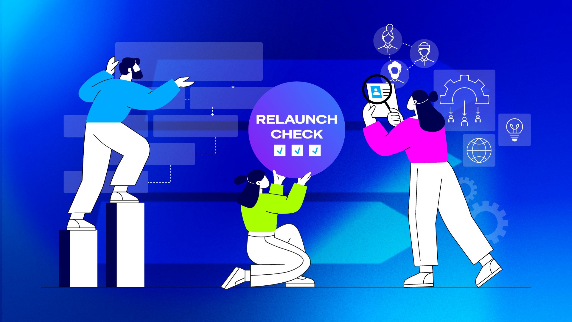 Drei stilisierte Personen prüfen gemeinsam einen Website-Relaunch; in der Mitte steht eine Grafik mit der Aufschrift „Relaunch Check“ vor blauem Hintergrund mit Symbolen für Analyse, Technik und Teamarbeit.