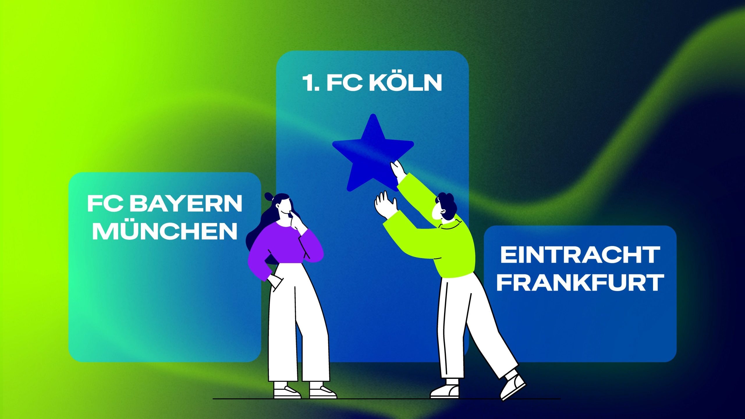 Illustration mit den Logos von FC Bayern München, 1. FC Köln und Eintracht Frankfurt auf farbigem Hintergrund, zwei stilisierte Figuren bewerten einen Stern in der Mitte.