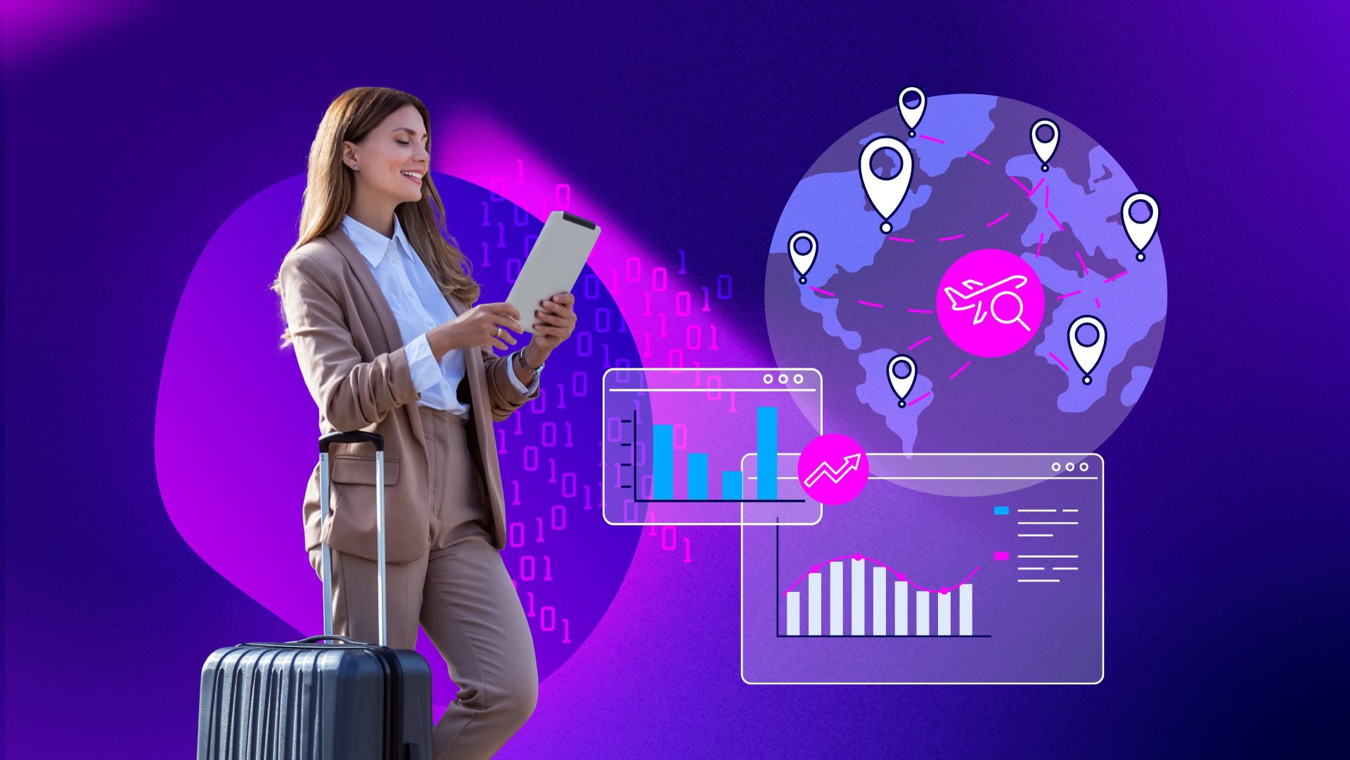 Geschäftsreisende Person mit Koffer und Tablet vor einer stilisierten Weltkarte, Standortmarkern und Analyse-Diagrammen als Visualisierung des Airline Benchmark 2026.