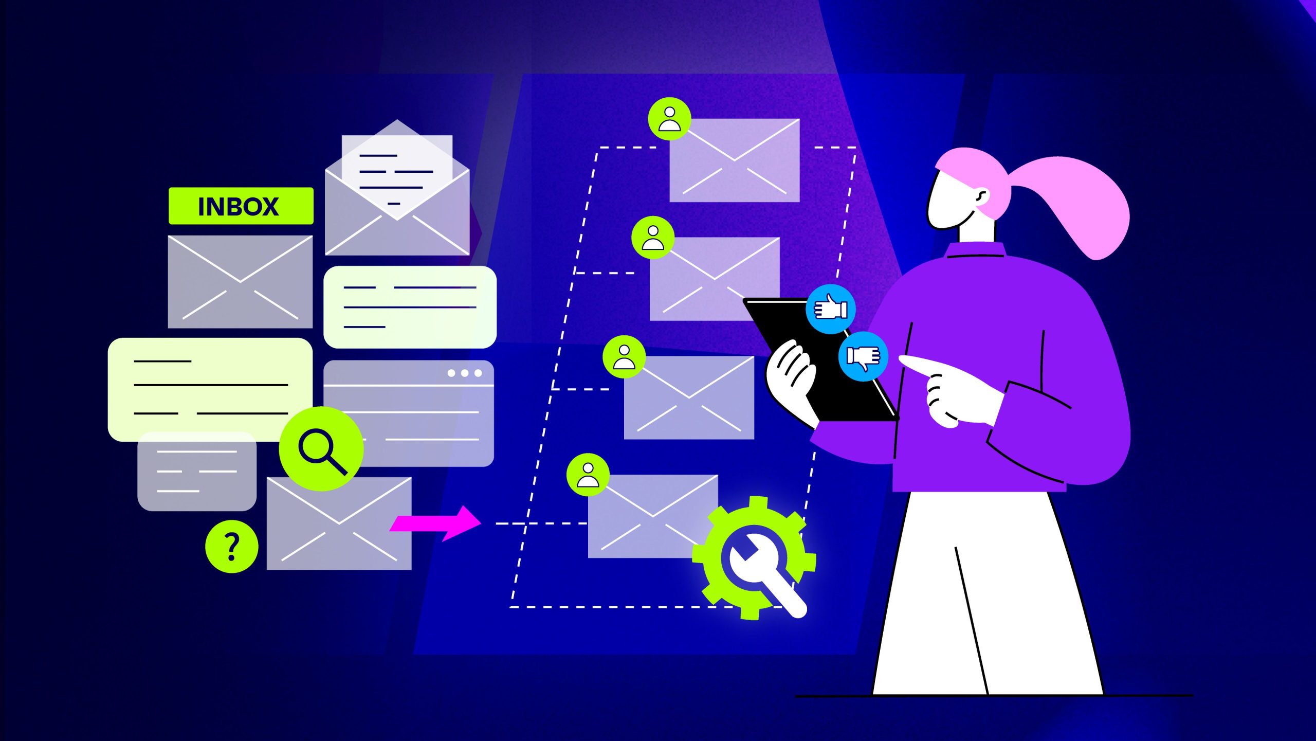 Illustration zu KI im Posteingang mit E-Mail-Kacheln, Suche und einer Person mit Tablet.