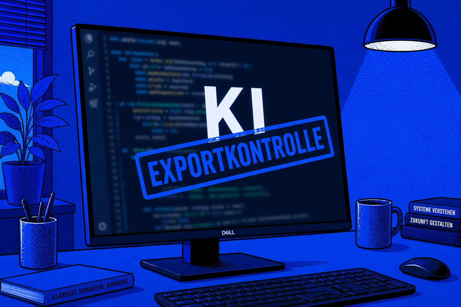 KI-Exportkontrolle: Computerarbeitsplatz mit Monitor und Programmcode als Symbol für digitale Abhängigkeit von US-Software.