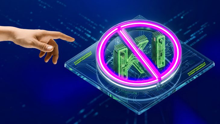 Hand zeigt auf ein durchgestrichenes KI-Symbol auf digitalem Hintergrund.