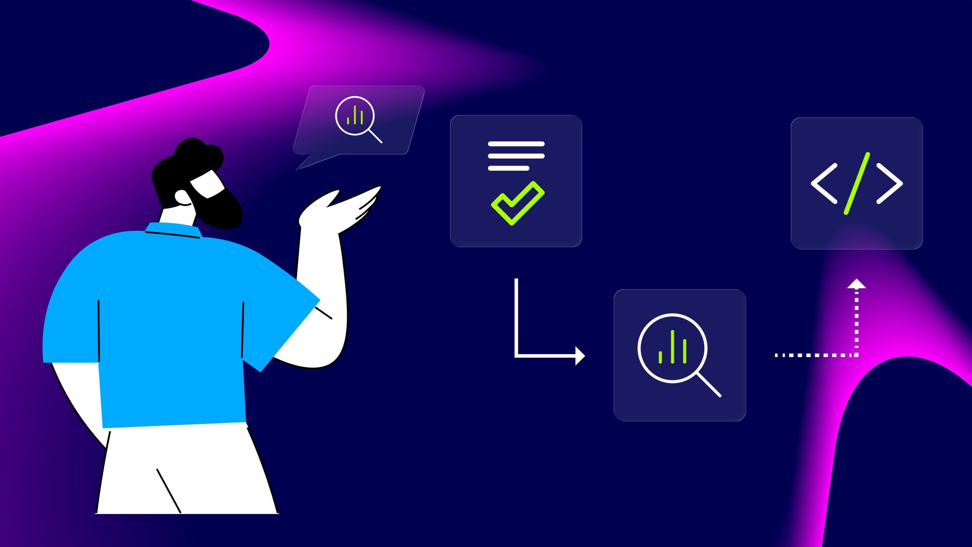 Illustration zu Spec-Driven Development: Eine Person betrachtet Symbole für Spezifikation, Prüfung und Code, verbunden durch Pfeile als Prozess von der Anforderung zur Umsetzung.