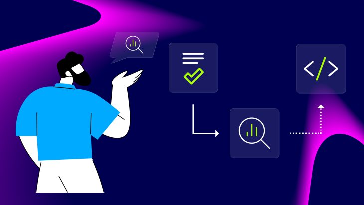 Illustration zu Spec-Driven Development: Eine Person betrachtet Symbole für Spezifikation, Prüfung und Code, verbunden durch Pfeile als Prozess von der Anforderung zur Umsetzung.