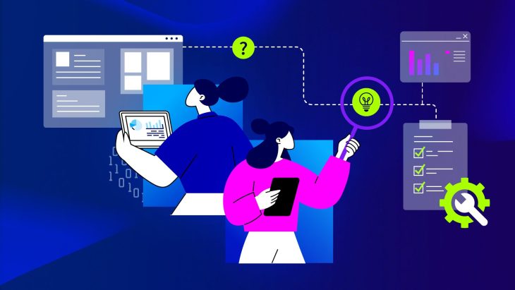 Illustration einer Kita-Vergabesoftware-Prüfung mit zwei Personen vor digitalen Oberflächen, Checkliste, Lupe, Diagrammen und einem Fragezeichen auf blau-violettem Hintergrund.
