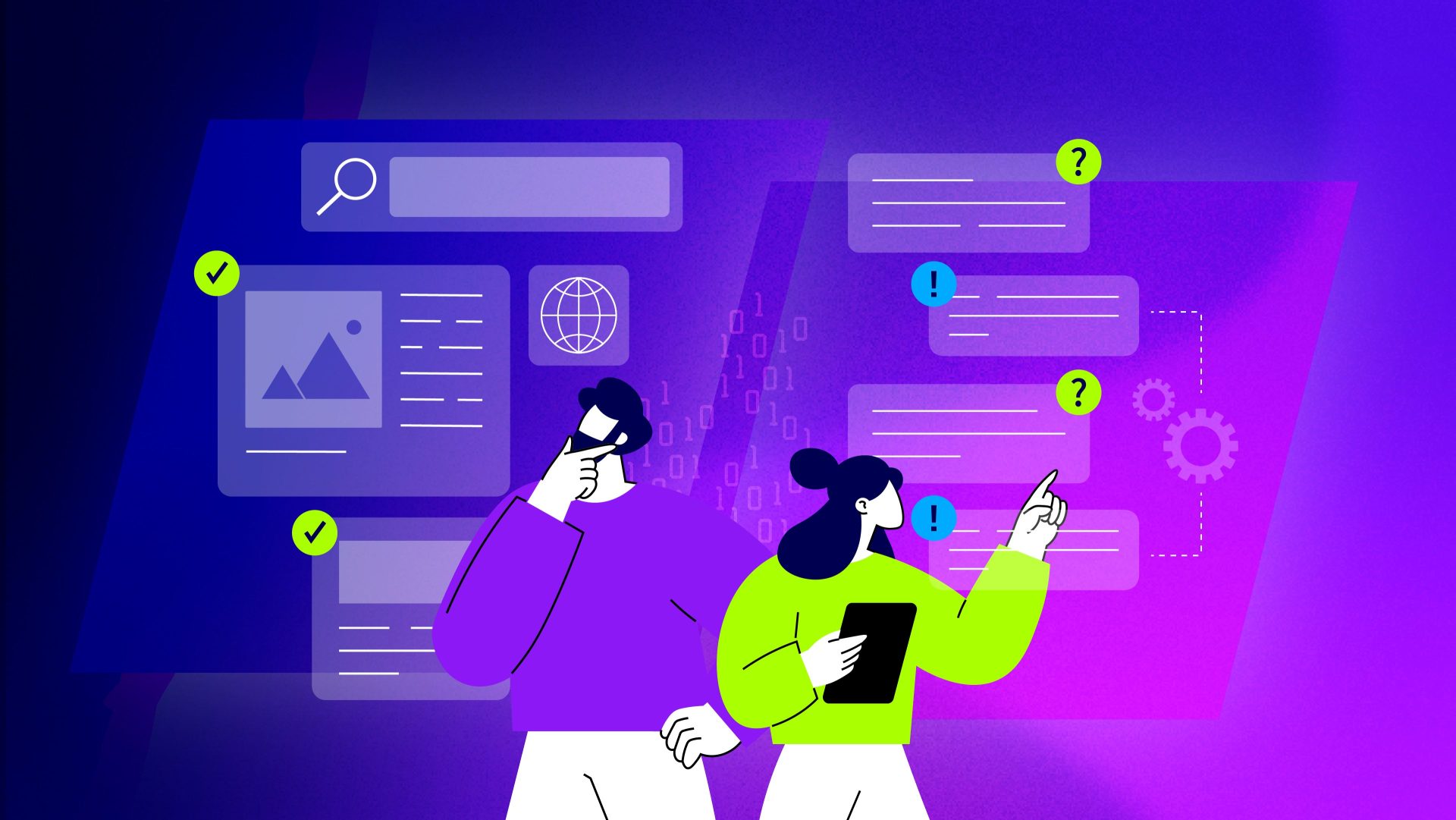 Illustration zur KI-Suche mit zwei Personen und digitalen Such- und Antwortelementen.