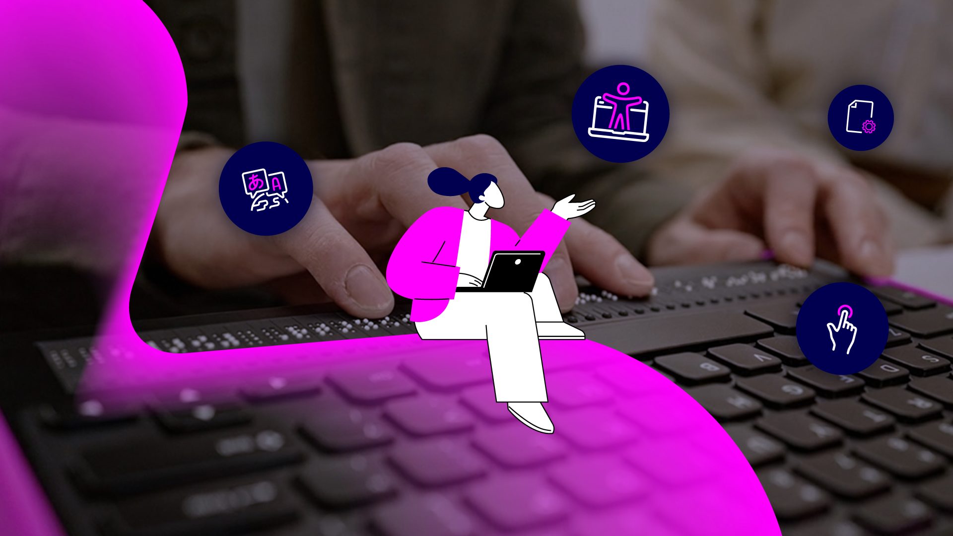 Person an einem Computer mit Braille-Tastatur und Symbolen für digitale Barrierefreiheit.