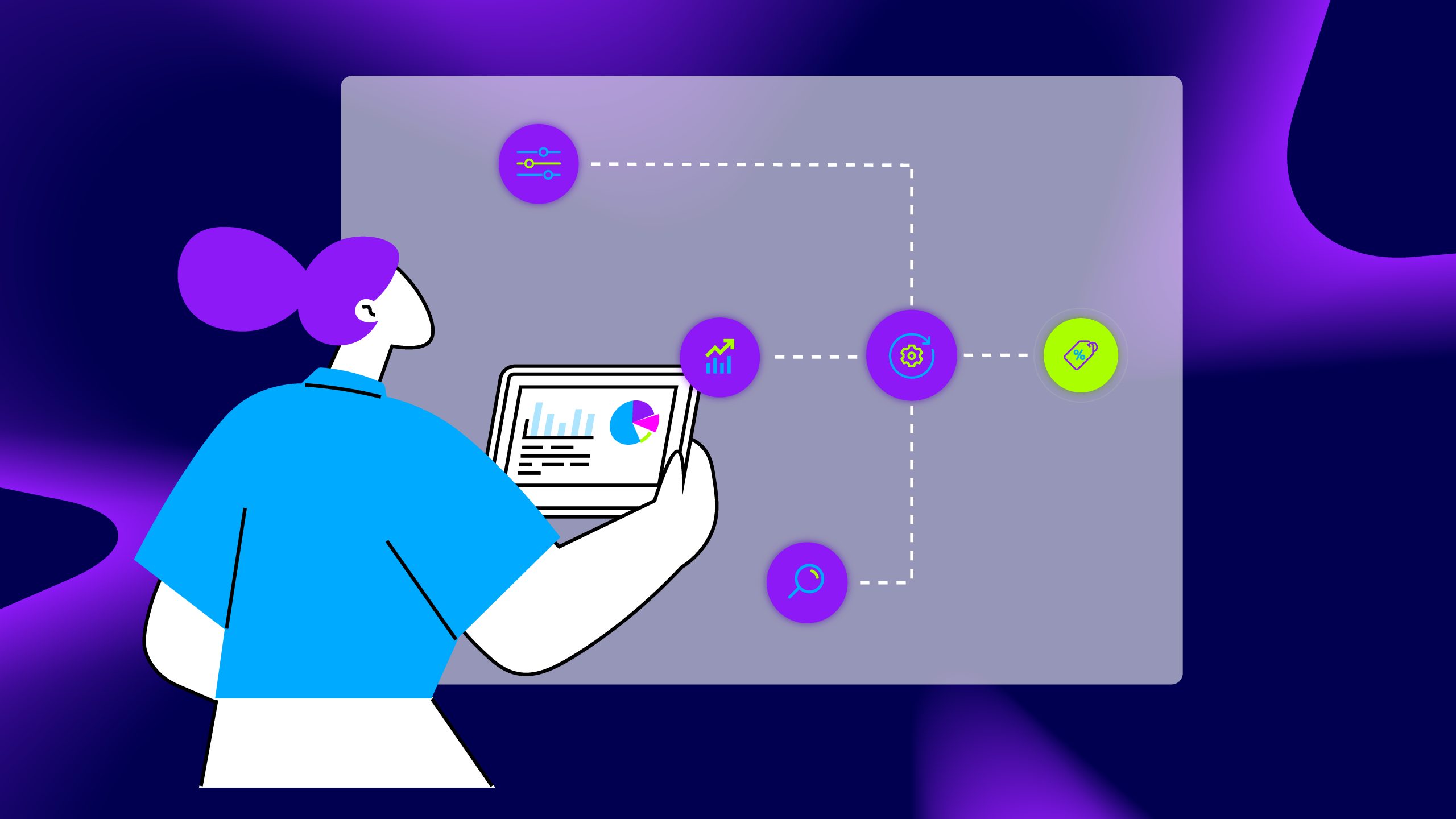 Illustration einer Person mit Tablet, Diagrammen und digitalen Prozesssymbolen.