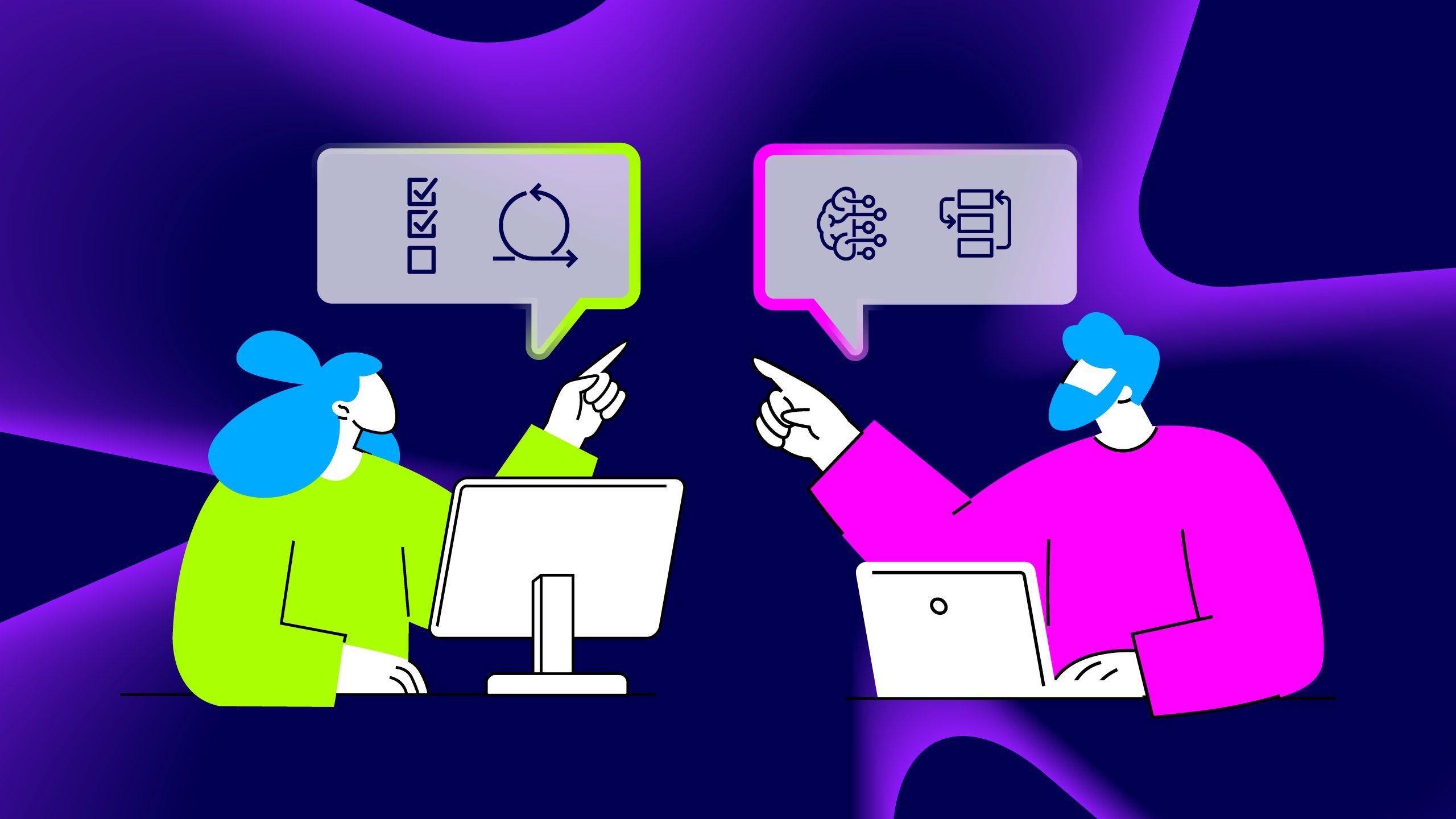 Illustration zweier Personen mit Tablets vor Dashboard-Elementen, Checklisten und Symbolen für Ideen, Fragen und Automatisierung – sinnbildlich für den Wandel von agilen zu agentischen Arbeitsweisen.