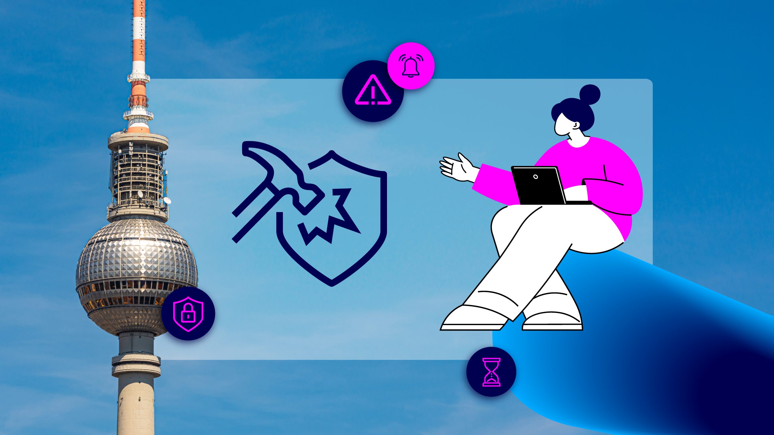 Berliner Fernsehturm mit aufgebrochenem Schild-Symbol und Person am Laptop, umgeben von Warn-, Alarm- und Sicherheitssymbolen – Illustration zum Ransomware-Angriff auf Berlin.