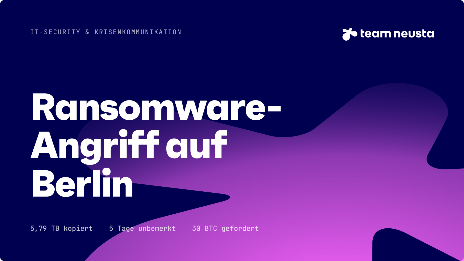 team neusta Blogbild 'Ransomware-Angriff auf Berlin' – IT-Security & Krisenkommunikation, mit Kennzahlen: 5,79 TB kopiert, 5 Tage unbemerkt, 30 BTC gefordert.