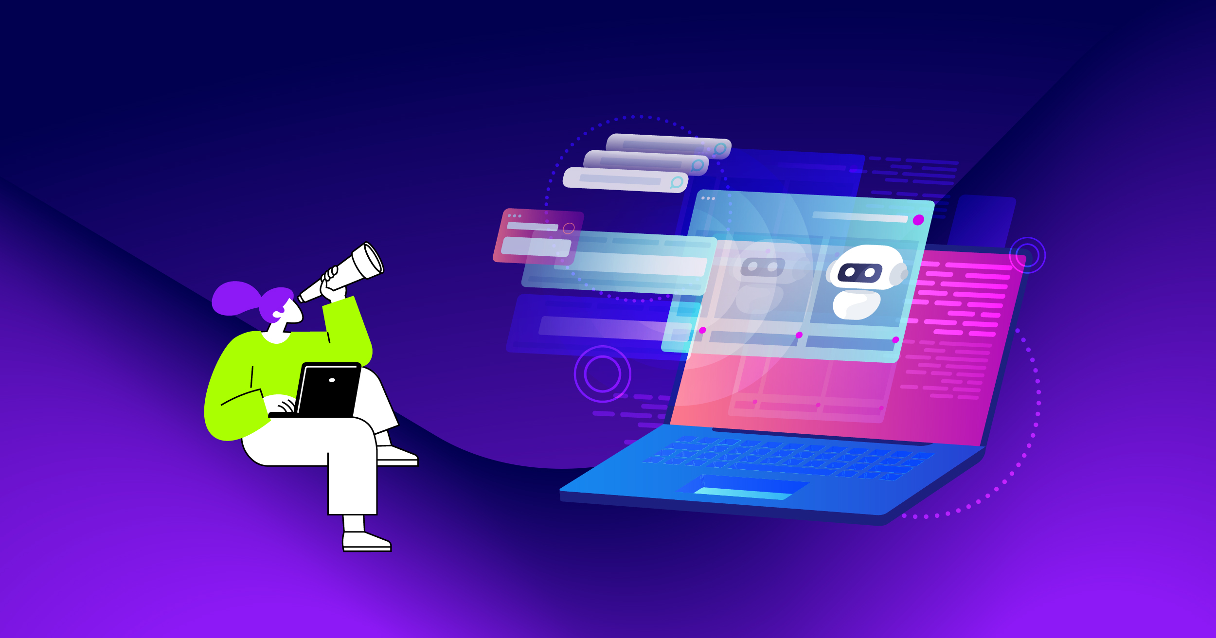 Illustration: Person mit Fernrohr beobachtet Suchanfragen und KI-Chatbot auf einem Laptop.