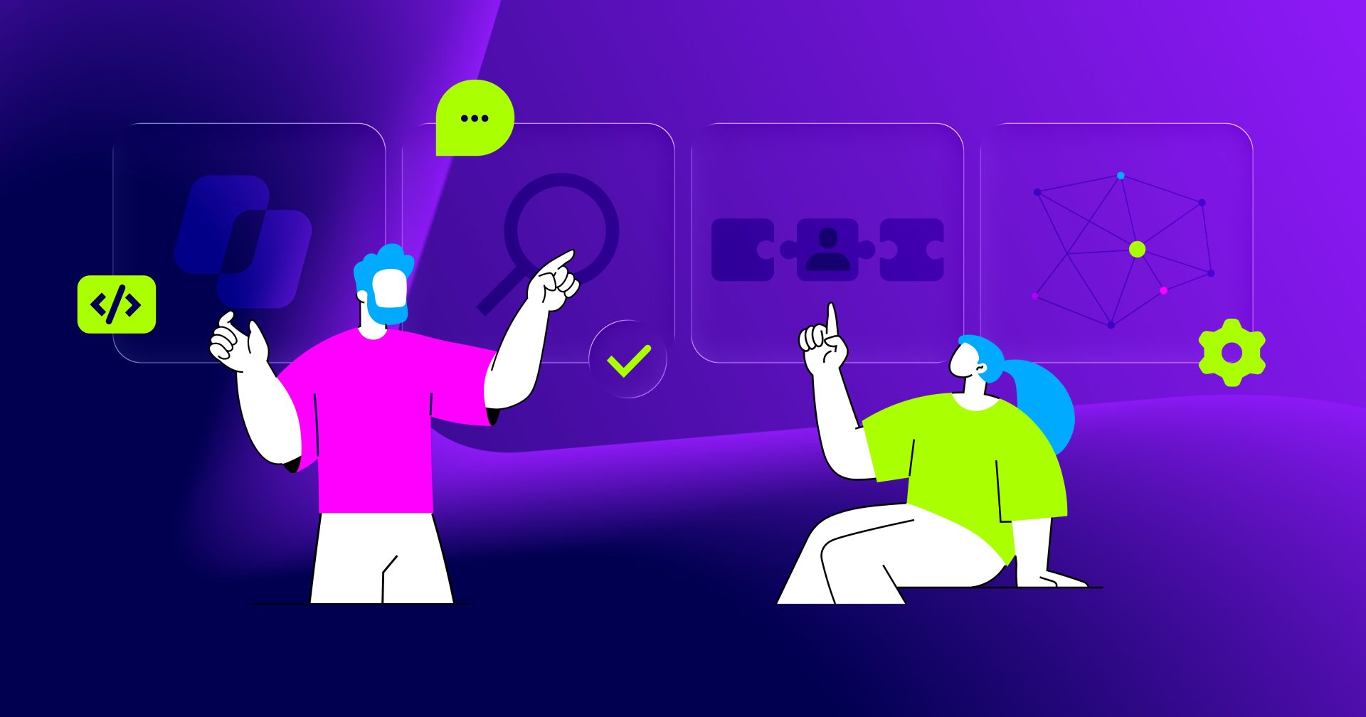 Illustration: Zwei Personen zeigen auf vier Felder mit Symbolen für Code, Prüfung, Puzzleteile mit Person und ein vernetztes System.