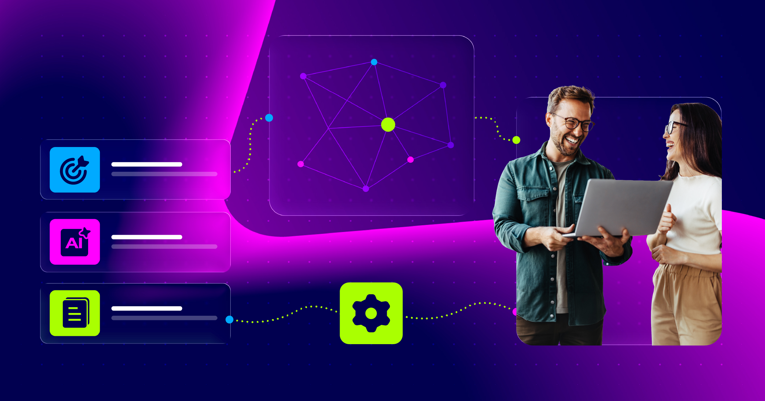 Zwei lachende Personen mit Laptop, daneben Icons für Ziel, KI und Dokumente, verbunden über ein Netzwerk und ein Zahnrad-Symbol als Zeichen der KI-Zusammenarbeit.